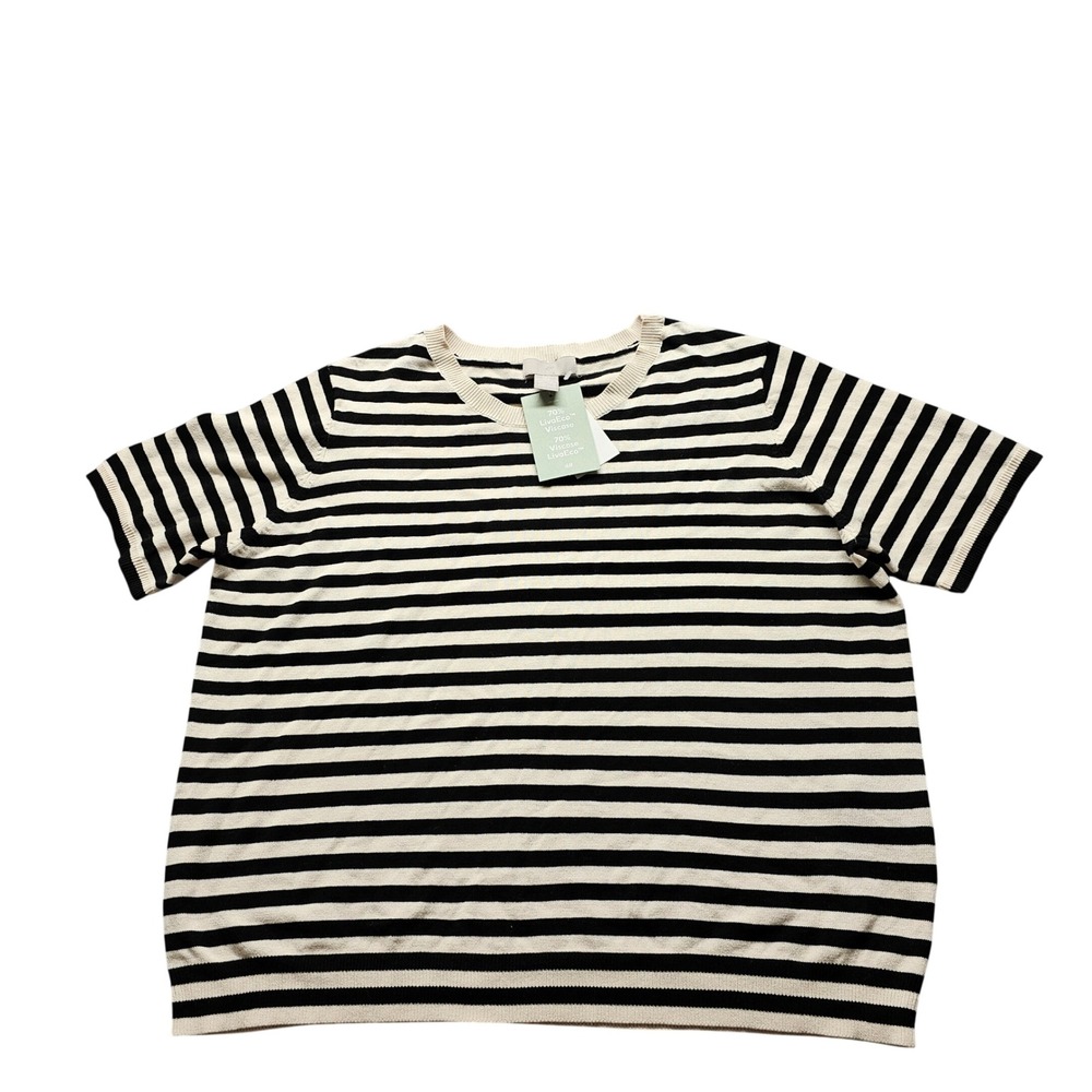 H&M Striped Short Sleeve Knit Sweater Top Womens XL Cream Black LivaEco Viscose